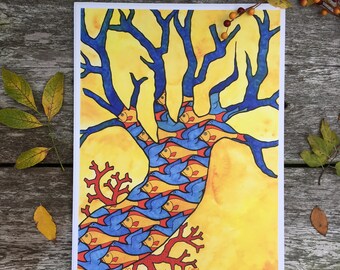 Escher inspired art-Original art print-birds-fish-tessellation-tree wall art-yellow orange blue home decor-coral print-coastal beach decor