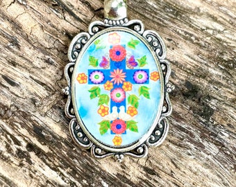 Colorful Flower Cross Pendant,Christian jewelry, gift for her,Christian cross charm,First Communion gift,Confirmation gift,religious jewelry