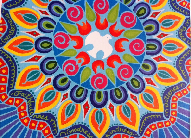 May include: A colorful mandala design with a white dove in the center surrounded by red flames and pink flowers. The words "faithfulness", "goodness", "kindness", "patience", and "gentleness" are written around the edge of the mandala.