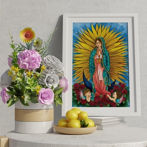 Our Lady of Guadalupe Blessed Virgin Mary Original Art Print Christian Catholic Decor Baptism First Communion Confirmation Wedding Sunflower