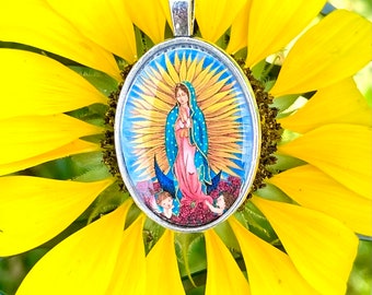Our Lady of Guadalupe Catholic pendant art, First Communion Confirmation gift, Catholic Christian gift, Original art charm,religious jewelry