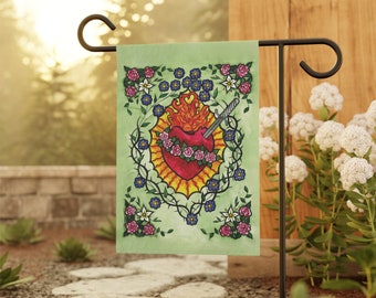 Garden & House Banner - Mary's Heart, The Immaculate Heart of Mary, Our Lady of Sorrows, Catholic Garden, Modern Catholic Art