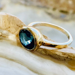 Large Oval London Blue Topaz Ring Bezel Set in 14K Solid Gold