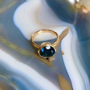 Large London Blue Topaz Ring Bezel Set in 14K Solid Gold
