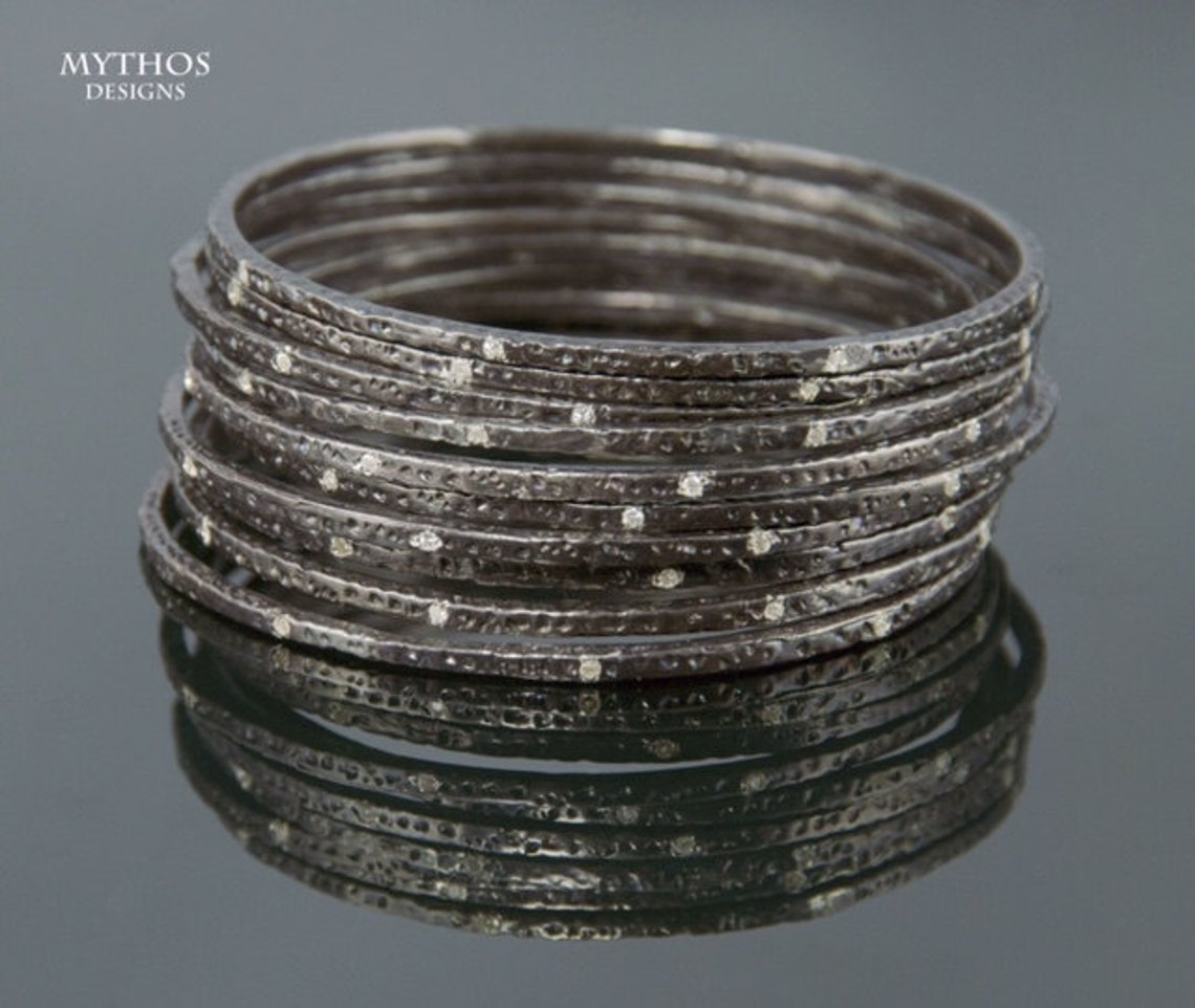 Genuine Diamond Stackable Bangle Bracelets in Sterling Silver Etsy