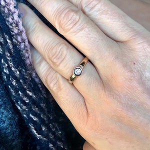 14K Diamond Small Solitaire-Hammered Finish Solid Gold and Diamond Ring-Stacking