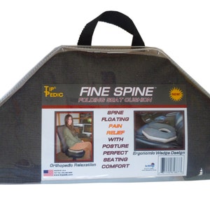 May include: A gray folding seat cushion with the text "FINE SPINE FOLDING SEAT CUSHION" and "Ergonomlo Wedge Dealgn". The cushion is designed to provide spine support and pain relief.