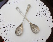 Silver Plate Salad Servers Pair - Made in England - Kings Pattern - Fruit Decor
