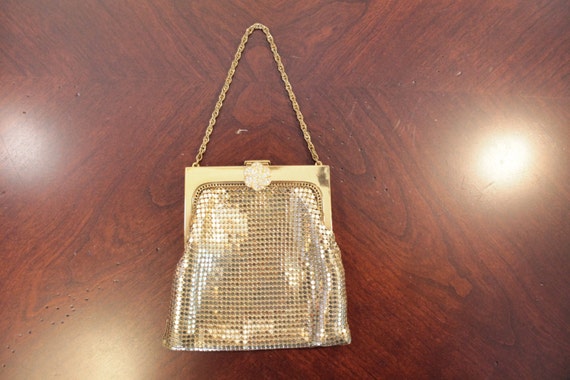 Vintage Whiting and Davis Gold Mesh Purse with Rh… - image 1