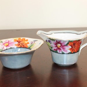 Noritake Hand Painted Creamer and Sugar – Made in Japan – Opalescent Blue and White