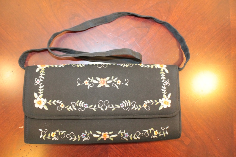 Black Silk Clutch with Handle Embroidered Flowers in Shades of Coral, Yellow, Blue and Green Unsigned image 1