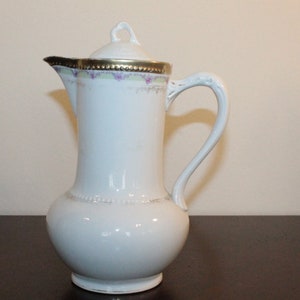 Antique C S Prussia Hot Chocolate Pot – White with Gilt Trim and Pink Flowers