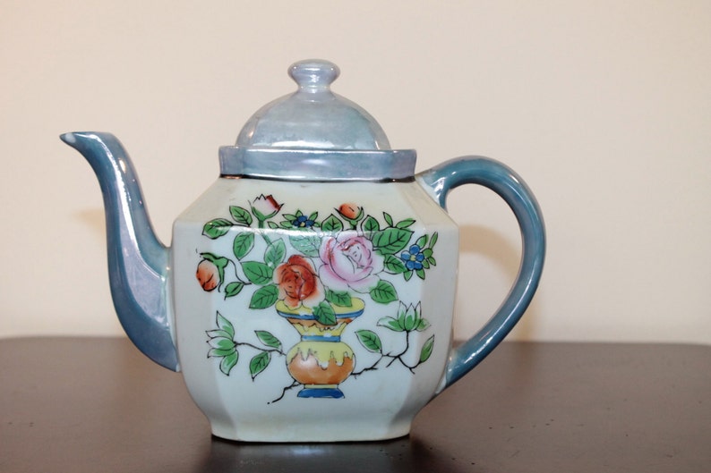 Blue and White Luster Teapot \u2013 Floral Design Made in Japan