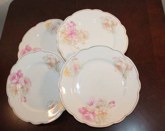 FOUR – Set of Four Dessert Plates – White with Pink and Yellow Roses – MZ Austria