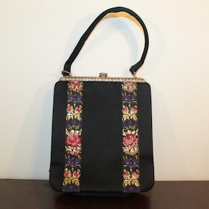 Black Fabric Evening Bag with Vertical Red and Gold Ribbon Accents – Made in Italy