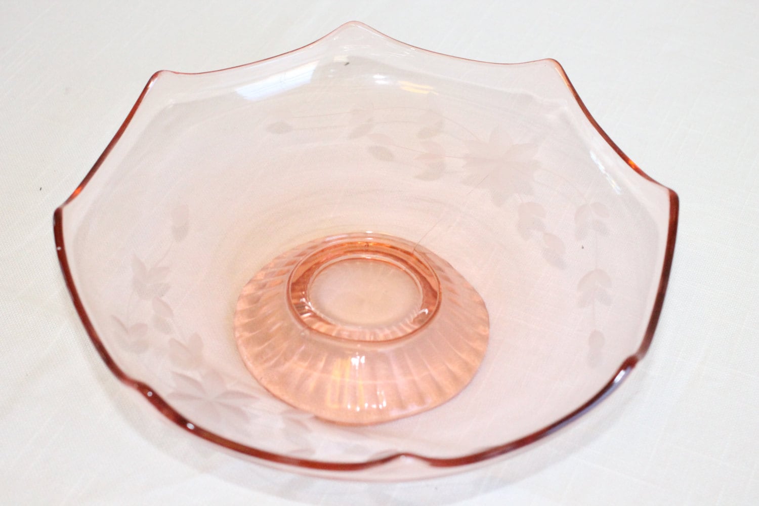 Pink Depression Glass Pedestal Bowl with Etched Flowers Etsy