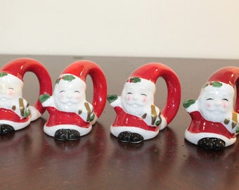 FOUR – Set of Four Ceramic Santa Napkin Rings –Ron Gordon Design – Original Box – 1980
