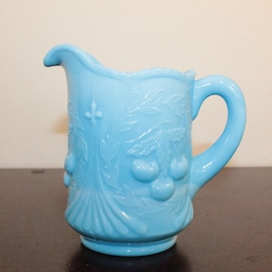 Blue Slag Milk Glass Small Pitcher by Westmoreland – Cherry Pattern