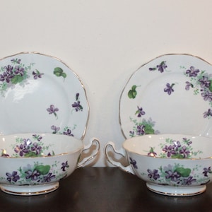 TWO – Pair of Adderley Bone China Violet Footed Cream Soup Bowls with Saucers