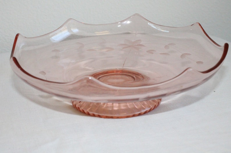 Pink Depression Glass Pedestal Bowl with Etched Flowers Etsy
