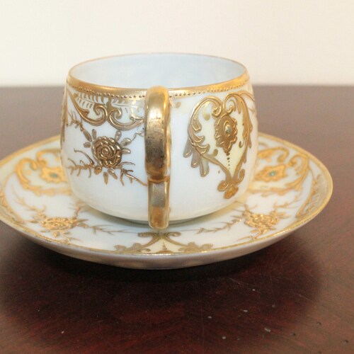 Hand-Painted Nippon Gold Moriage Cup and Saucer shops – Leaf Imprint – 1900