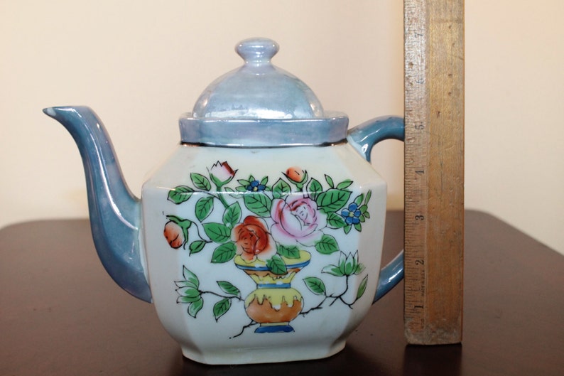 Blue and White Luster Teapot \u2013 Floral Design Made in Japan