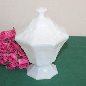 Milk Glass Pedestal Compote or Candy Dish with Lid - Grape Design - Anchor Hocking