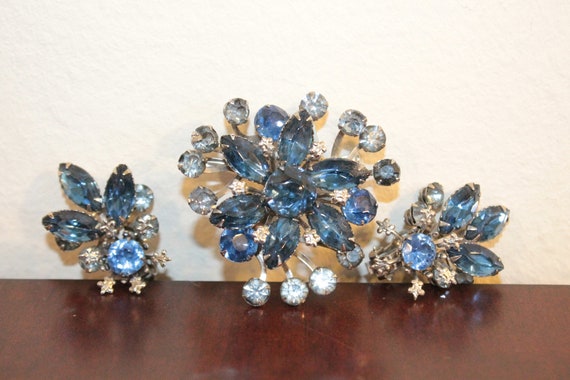 Shades of Blue Rhinestone Brooch and Earrings
