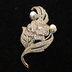 Signed KJL for Avon Silvertone Spray Brooch with Faux Marcasite and Pearls
