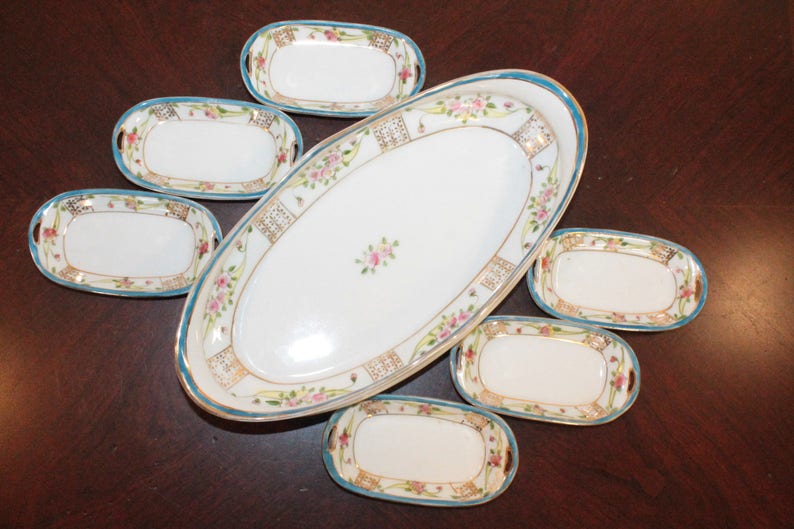 Hand Painted Nippon Celery Dish With Six Salt Cups White Etsy