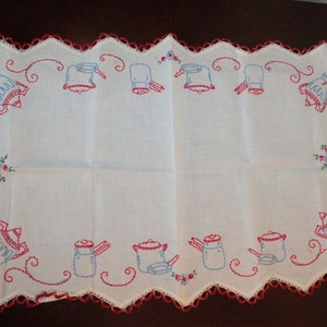 Vintage Small Hand-Embroidered Table Runner -  White with Red and Blue Stitching