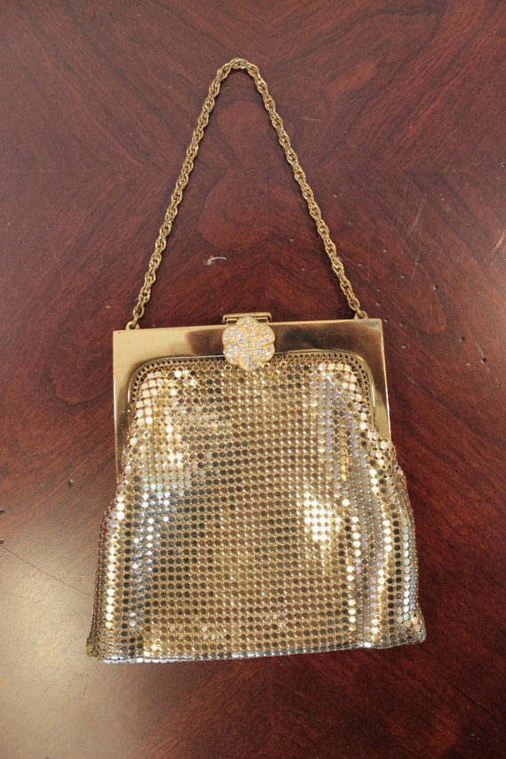 Vintage Whiting and Davis Gold Mesh Purse with Rh… - image 2