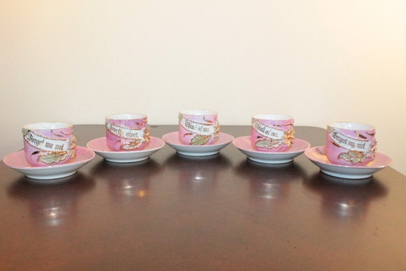 FIVE Set of Five Pink Lustre Antique Demi Cups and Saucers Made in