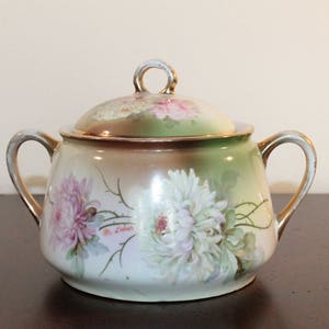Signed Hand Painted Biscuit Jar – Pink Chrysanthemums with Gilt Trim – Hand Painted in Germany