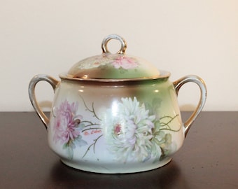 Signed Hand Painted Biscuit Jar – Pink Chrysanthemums with Gilt Trim – Hand Painted in Germany