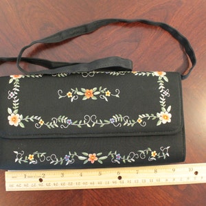 Black Silk Clutch with Handle Embroidered Flowers in Shades of Coral, Yellow, Blue and Green Unsigned image 2