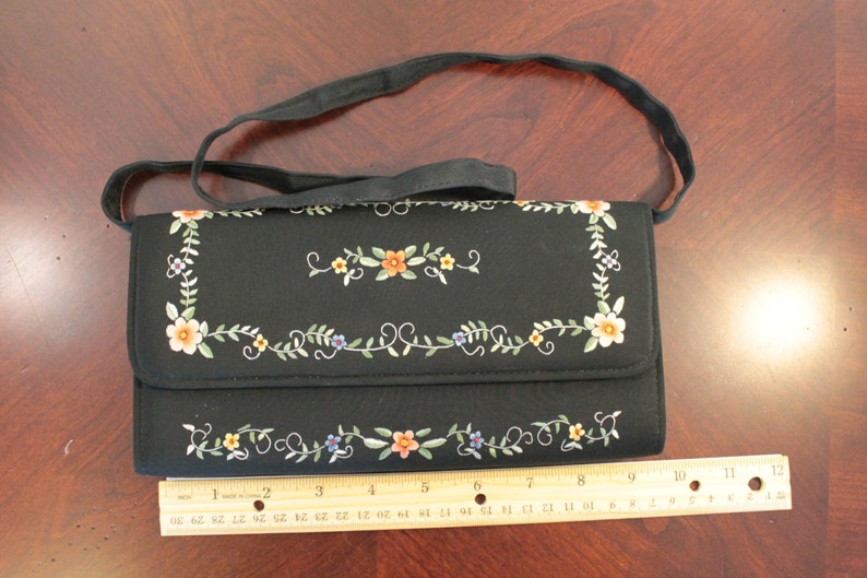 Black Silk Clutch with Handle Embroidered Flowers in Shades of Coral, Yellow, Blue and Green Unsigned image 2