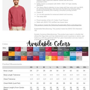 May include: A man wearing a red crewneck sweatshirt. The image includes a color chart with various options and a size chart with measurements in inches for body length, chest width, and sleeve length.