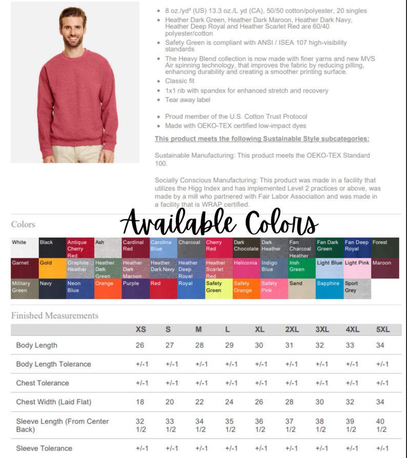 May include: A man wearing a red crewneck sweatshirt. The image includes a color chart with various options and a size chart with measurements in inches for body length, chest width, and sleeve length.