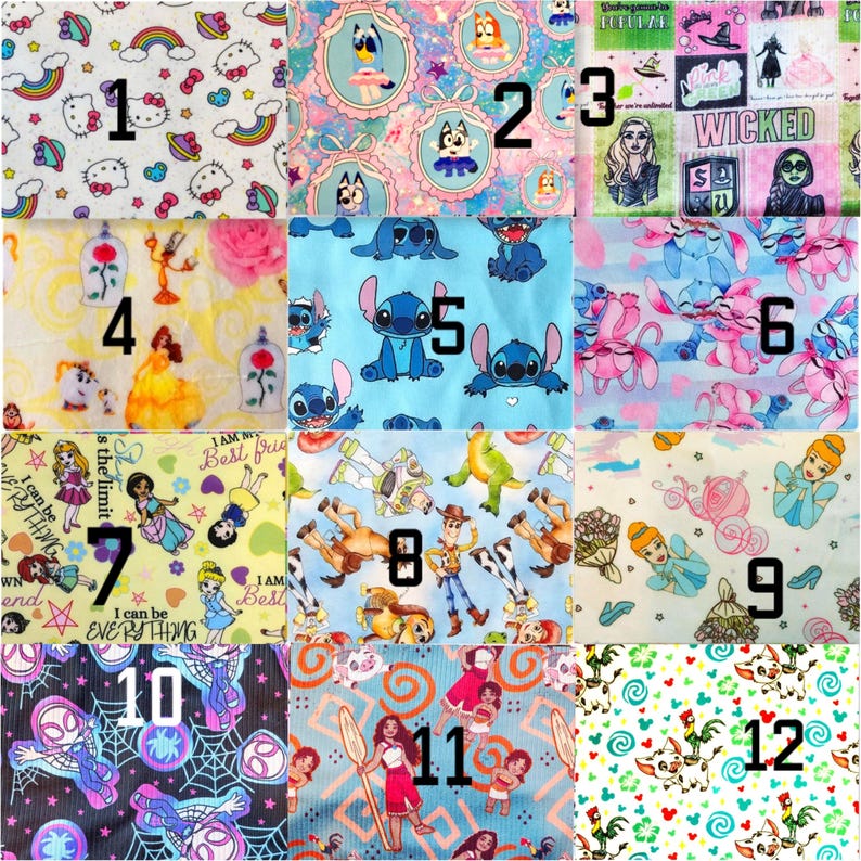 Puede incluir: Una cuadr&iacute;cula de doce muestras de tela con varios personajes de dibujos animados y patrones. Los dise&ntilde;os incluyen Hello Kitty, Bluey, Wicked, La Bella y la Bestia, Stitch, Angel, princesas Disney, Toy Story, Cenicienta, Spider-Man, Moana y Hei Hei.