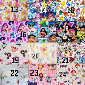 Puede incluir: Una cuadr&iacute;cula de doce muestras de tela numeradas del 13 al 24, con varios estampados de dibujos animados y cultura pop, incluyendo princesas Disney, Pokemon, Moana, Harry Potter, Winnie the Pooh, Mickey Mouse, Friends y temas musicales sobre fondos coloridos.