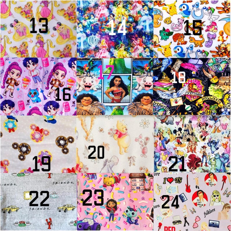 Puede incluir: Una cuadr&iacute;cula de doce muestras de tela numeradas del 13 al 24, con varios estampados de dibujos animados y cultura pop, incluyendo princesas Disney, Pokemon, Moana, Harry Potter, Winnie the Pooh, Mickey Mouse, Friends y temas musicales sobre fondos coloridos.
