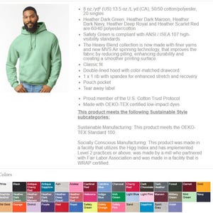 May include: A light green hooded sweatshirt with a pouch pocket and a color-matched drawcord. The sweatshirt is made of a 50/50 cotton/polyester blend. The available colors include black, navy, and red.
