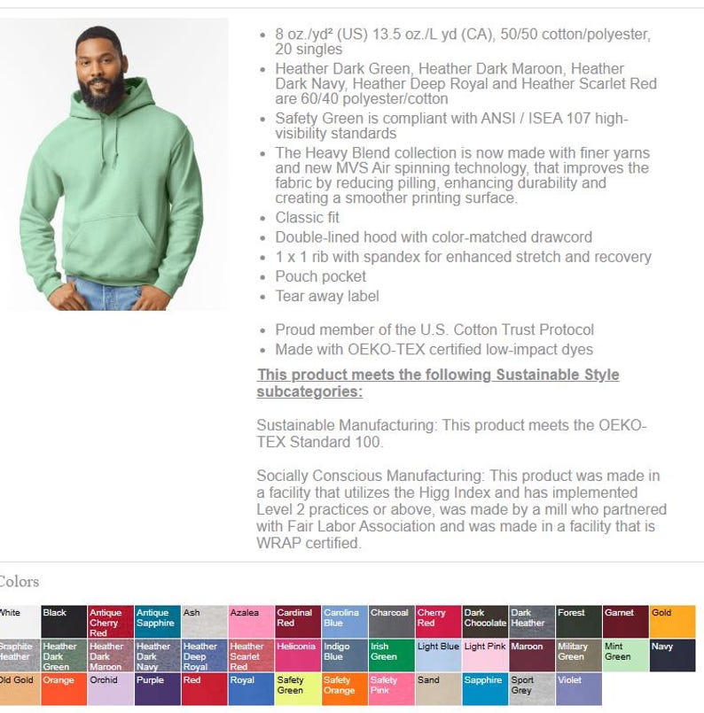 May include: A light green hooded sweatshirt with a pouch pocket and a color-matched drawcord. The sweatshirt is made of a 50/50 cotton/polyester blend. The available colors include black, navy, and red.