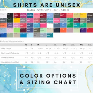 May include: A size chart for unisex t-shirts, showing the Gildan Softstyle T-Shirt in sizes XS to 5XL. The chart lists the body length, body length tolerance, chest tolerance, and chest width (laid flat) for each size. The chart also includes a color chart with a variety of colors, including red, blue, green, and purple.