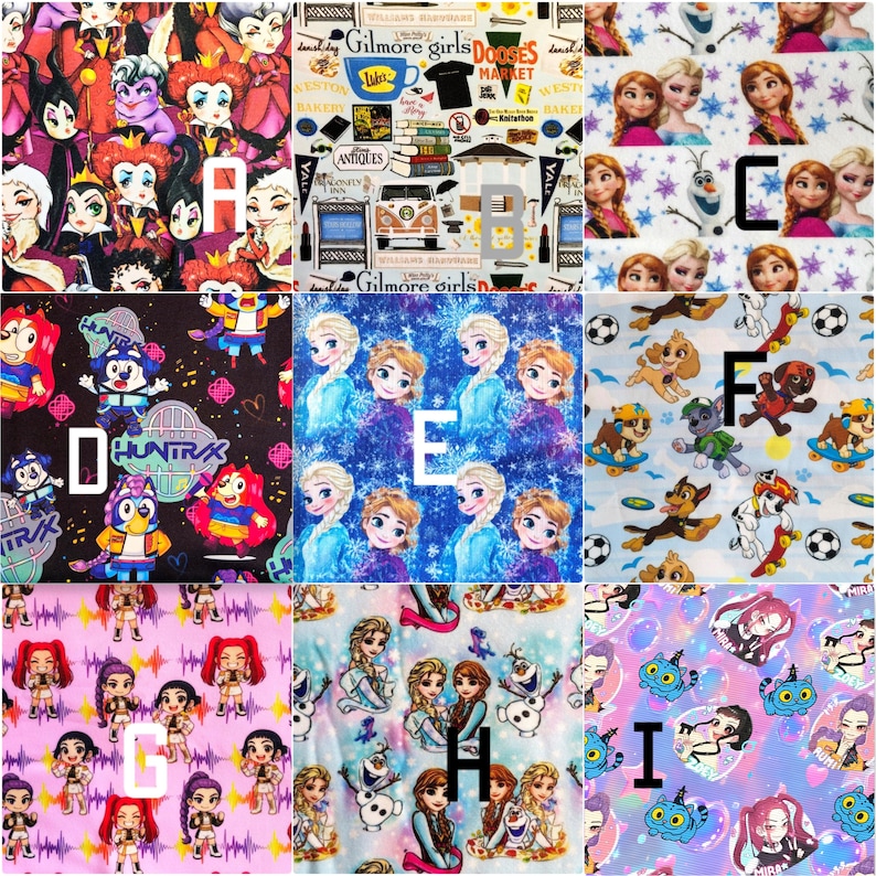 Puede incluir: Una cuadr&iacute;cula de nueve muestras de tela etiquetadas de la A a la I, con varios estampados de personajes de dibujos animados, incluyendo villanos de Disney, motivos de Gilmore Girls, personajes de Frozen, Paw Patrol e ilustraciones estilo anime.