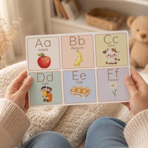 Peut inclure: Une carte éducative colorée de l'alphabet avec des illustrations d'une pomme, d'une banane, d'une vache, d'un père, d'œufs et d'une fleur. La carte est tenue par une personne. Les lettres A à F sont affichées.