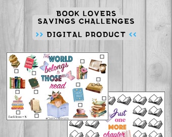 May include: Two printable digital sheets with book-themed savings challenges. The first sheet features a girl reading a book with the text "The world belongs to those who read". The second sheet features a stack of open books with the text "Just one more chapter".