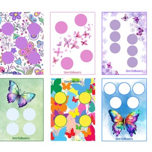 May include: Six printable cards with a butterfly theme. Each card has a different background design and features multiple blank circles for use as a game or activity.