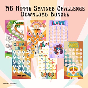 May include: A set of six printable hippie-themed savings challenge charts. Each chart features a different theme, including "Peace Out", "Free Spirit", "Love", "Choose Happy", "Groovy", and "Good Vibes". The charts are designed with a retro 1960s aesthetic and include colorful illustrations and text.